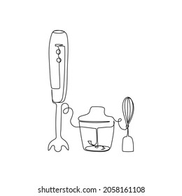 Blender, mixer continuous line drawing. One line art of home appliance, kitchen, electrical, food processor, puree attachment.