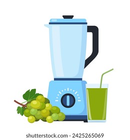 Blender or mixer. Equipment for smoothie making. Grape and glass of fresh juice. Kitchen tool for cooking. Vector illustration