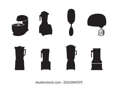 Blender and mixer flat vector silhouette illustration. Set of kitchen power tools icons isolated on white background.