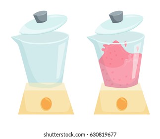 Blender with mixing smoothie or empty. Cooking process vector illustration. Kitchenware and utensils isolated on white. Tasty food