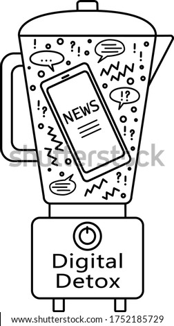 Blender with a mobile phone inside. Digital detox, concept vector illustration. An idea of gadget disconnecting, healthy lifestyle, escape from internet and digital media addiction.  Isolated on white