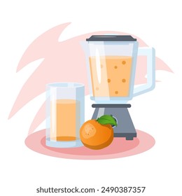 Blender preparing tasty orange juice with ripe orange fruit