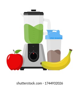 Blender protein shaker and fruits Diet illustration Banana apple Vector