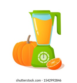 Blender with pumpkin, orange smoothie. Kitchen appliances. Making a diet drink for vegetarians and vegans. Vector illustration with vegetables.Vegetarian and Vegan advertising.