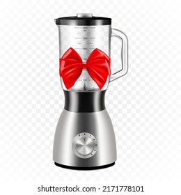Blender with red ribbon and bow. 3D rendering. Gift concept. Realistic vector illustration isolated on white background