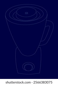 Blender is shown in a blue background. The blender is a simple design with a blue handle and a blue button. Concept of modernity and simplicity