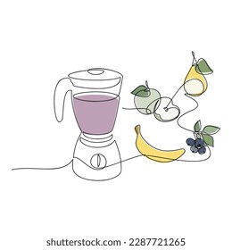 Blender and smoothie ingredients vector. Pear, apple, banana, blueberry. Fruit line continuous drawing. Cooking icons. Hand drawn linear illustration, design, print, banner, card, poster, menu, logo.