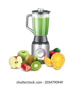 Blender smoothie realistic composition with isolated image of kitchen appliance surrounded by slices of fresh fruits vector illustration