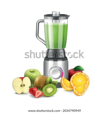 Blender smoothie realistic composition with isolated image of kitchen appliance surrounded by slices of fresh fruits vector illustration