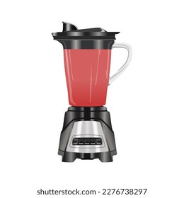 Blender with strawberry juice, modern kitchen appliances, realistic vector illustration with black and silver color in trendy flat 3d style. Editable graphic resources for many purposes.