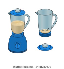 Blender in use - illustration showing a blender filled with liquid on the left, and an empty blender with the lid off on the right.