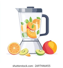 Um liquidificador com várias frutas dentro e ao redor dele, sugerindo uma preparação de smoothie fresca e saudável.
