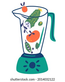 Blender with vegetables. Food processor, mixer. Cucumber, tomato, peas, spinach. Vegetable smoothie preparation. Vegan, farm, organic, detox. Vegetarian healthy food. Vector illustration 