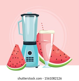 blender with watermelon juice and slices of the fruit over pink background, colorful design , vector illustration