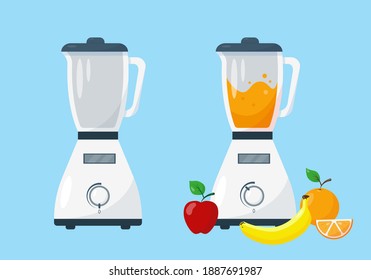 Blender and working blender with fruit. Vector illustration on blue background.