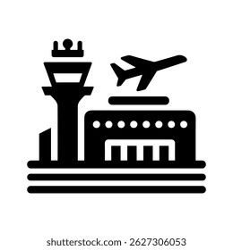 Combinando Arquitetura E Aviação, Este Ícone Vetorial De Um Terminal E Avião De Aeroporto Reflete O Movimento, A Aventura E O Escopo Da Indústria Do Turismo.