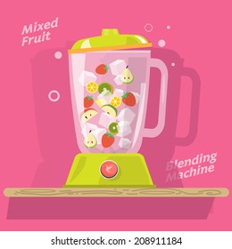 blending machine with mix of fruits . juice. ice. strawberry. apple. orange. kiwi. rose apple - vector illustration