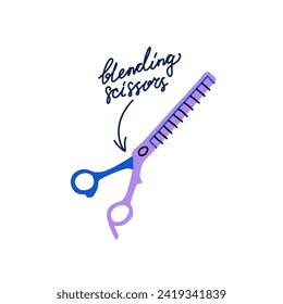 Blending scissors vector isolated clipart. Tool for professional hairdressers and pet groomers in flat trendy style. Thinning shears sticker with handwritten typography