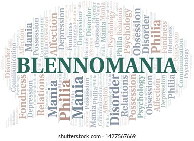 Blennomania word cloud. Type of mania, made with text only.