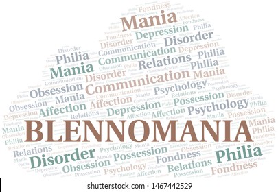 Blennomania word cloud. Type of mania, made with text only.