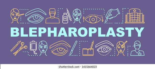 Blepharoplasty word concepts banner. Eyelid surgery. Eyelid surgical repair. Presentation, website. Isolated lettering typography idea with linear icons. Vector outline illustration