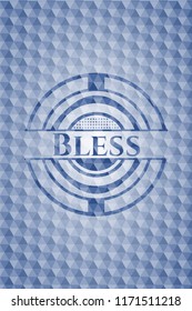 Bless blue badge with geometric pattern background.