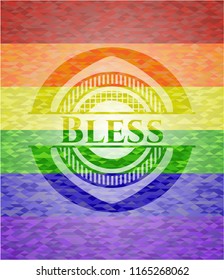 Bless emblem on mosaic background with the colors of the LGBT flag