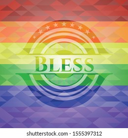 Bless emblem on mosaic background with the colors of the LGBT flag