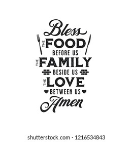 Bless the food kitchen typography wall art poster. Vector vintage illustration.