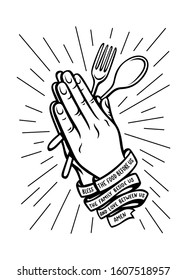 Bless the food kitchen typography wall art poster. Male hands in praying gesture holding the spoon and fork. Ribbon with quote. Vector vintage illustration.