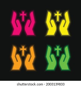 Bless four color glowing neon vector icon