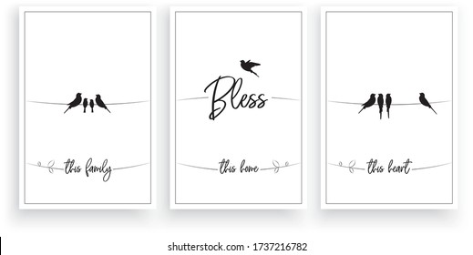 Bless this family, this home, this heart, vector. Wording design, lettering. Scandinavian minimalist poster design, three pieces poster design, wall art decor, wall decals, life quote