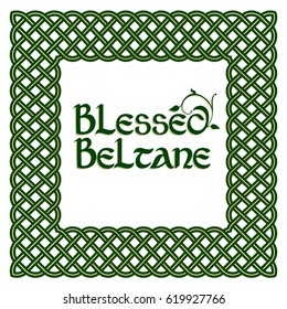 Blessed beltane lettering vector illustration. Celtic type calligraphy. May day fest. Floral ornament, Celtic knot frame.