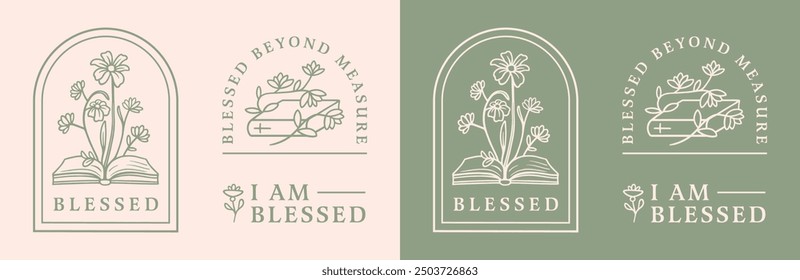 I am blessed beyond measure manifesting affirmations quotes for Christian girls sticker template bundle pack. Floral bible elegant retro boho sage green aesthetic shirt design printable cut file.