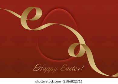 Blessed Easter. Red Easter background, golden ribbon, resurrection, Christs blessings, divine grace, church service, prayer, religious joy, faith, holy celebration.