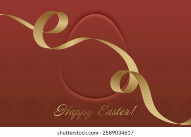 Blessed Easter. Red Easter background, golden ribbon, resurrection, Christs blessings, divine grace, church service, prayer, religious joy, faith, holy celebration, renewal.