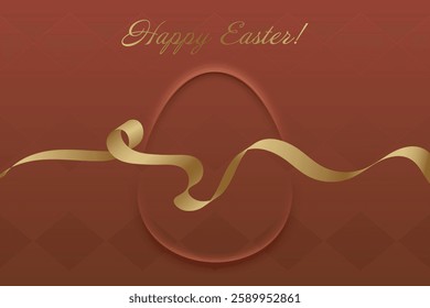 Blessed Easter. Red Easter greeting card, golden ribbon, sacred holiday, Christs resurrection, faith, divine grace, prayer, church service, seasonal joy, rebirth.