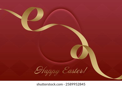 Blessed Easter. Red Easter greeting, golden ribbon, sacred holiday, Christs resurrection, divine grace, faith, church gathering, prayer, seasonal joy, rebirth.