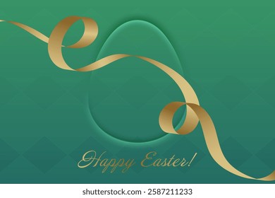 Blessed Easter. A rich green background with a golden ribbon accentuates the spiritual beauty of Easter, celebrating faith and festive traditions.