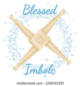 Blessed Imbolc beginning of spring pagan holiday text in a wreath of snowflakes with Brigid's Cross. Vector postcard svg