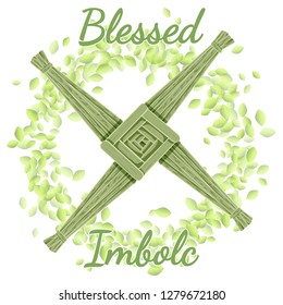 Blessed Imbolc. Beginning of spring pagan holiday. Brigid's Cross in a wreath of green leaves svg