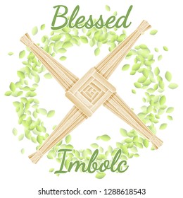 Blessed Imbolc. Beginning of spring pagan holiday. Brigid's Cross in a wreath of green leaves