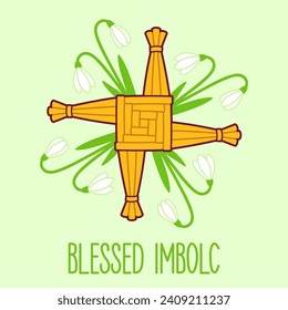 Blessed Imbolc greeting card, pagan spring holiday. Saint Brigid's cross with snowdrop flowers. Vector illustration.  svg