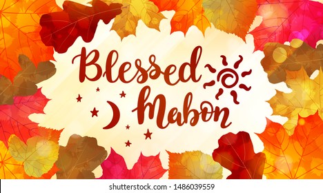 Blessed Mabon - handwritten lettering quote symbolizing equal duration of daytime and nighttime. Vector illustration of the autumn equinox.