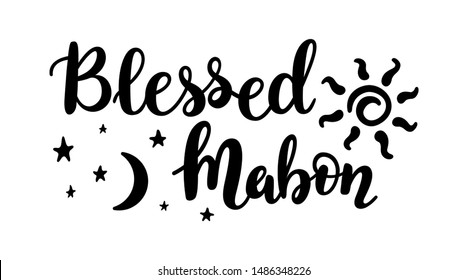 Blessed Mabon - handwritten lettering quote symbolizing equal duration of daytime and nighttime. Vector illustration of the autumn equinox.