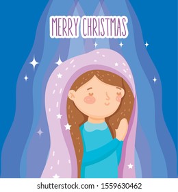 blessed mary praying manger nativity, merry christmas vector illustration