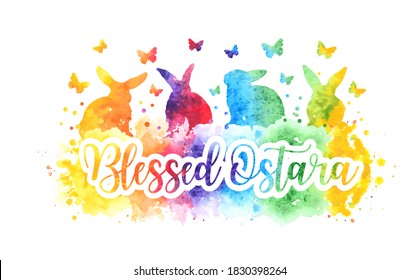 Selige Ostara-Karte mit Regenbogenfleck und Aquarellbunny