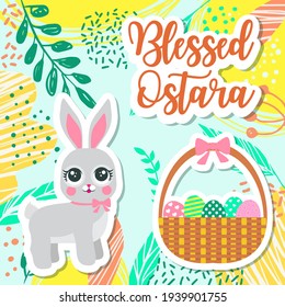 Blessed Ostara pagan holiday postcard. Easter eggs and cute bunny, vector illustration