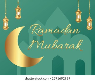 Blessed Ramadan, Eid al-Adha, Islamic holiday, Happy holiday! Muslim holidays, Eid al-Adha, obedience, devotion, mercy, emerald, house silhouette, lanterns, gold and green. Vector illustration