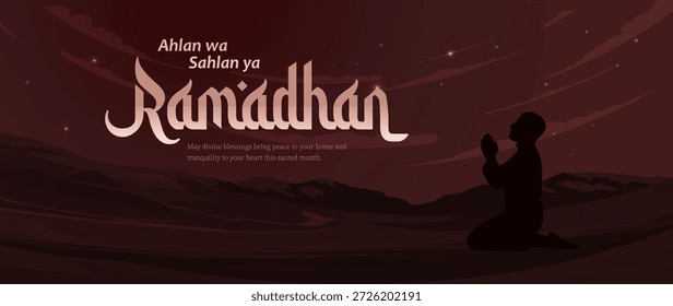 Bendito Ramadán con oración y mezquita en Anuncio de saludo para cartel y diseño